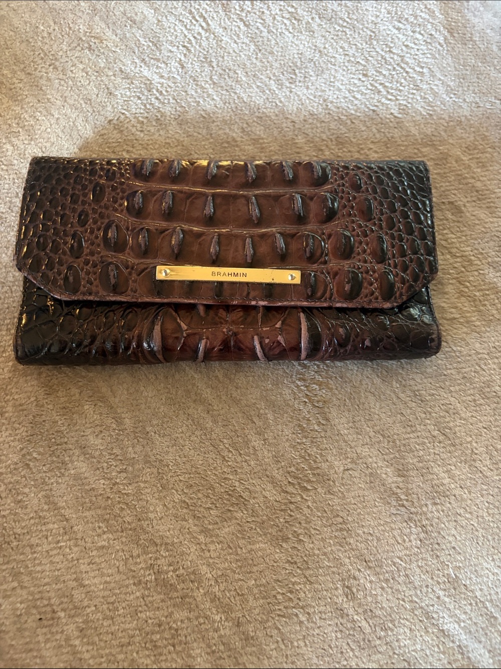 Brahmin Brown Croc-Embossed Flap Wallet with Gold Plaque